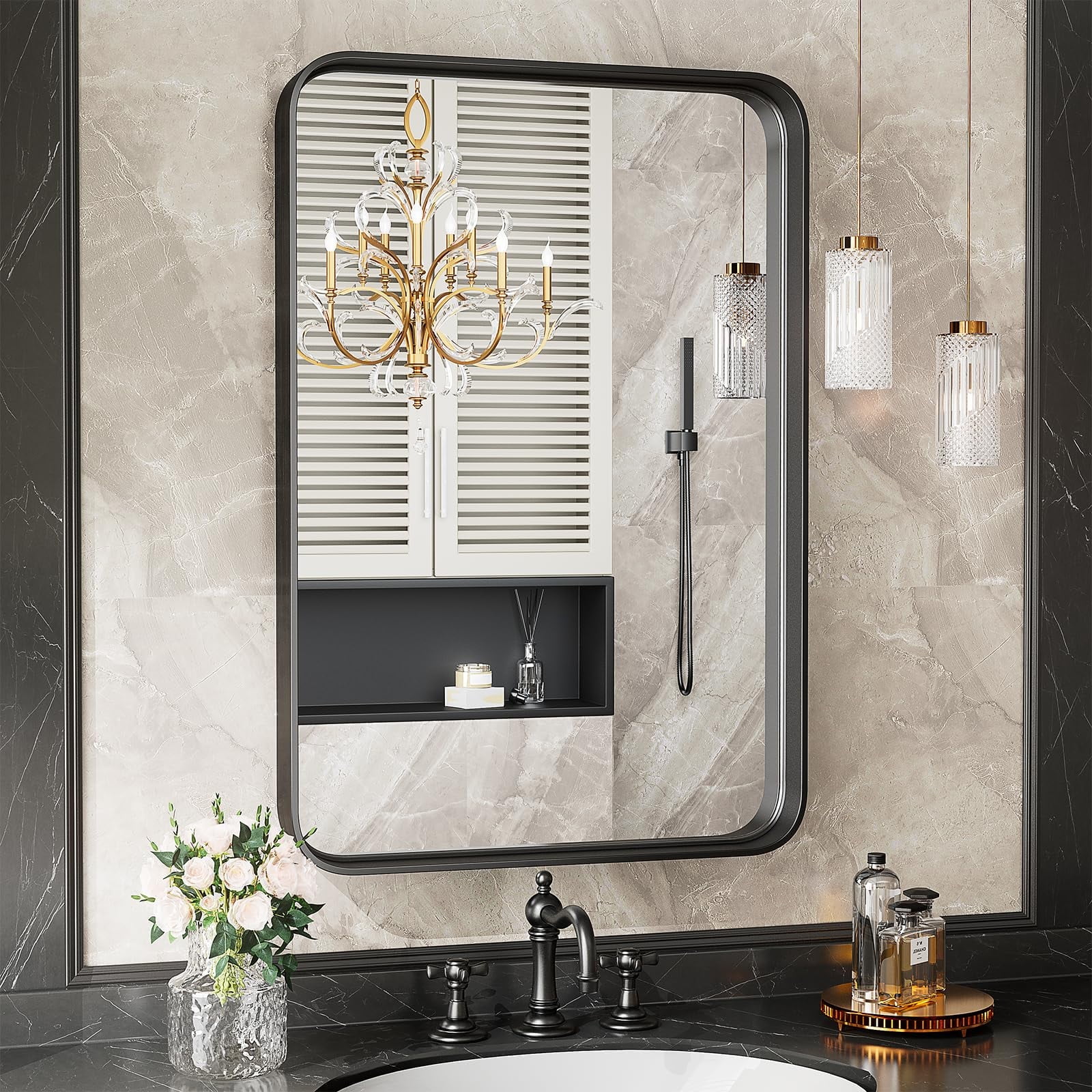 24x36 Inch Rectangular Bathroom Vanity Mirror, Black Metal Frame, Anti ...