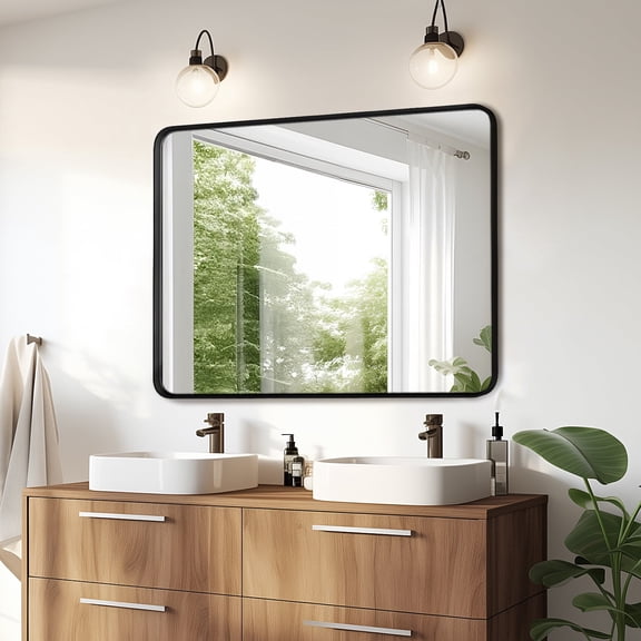 Black Bathroom Vanity Mirror for Wall, 24x36 Inch Metal Framed Wall Mirror Farmhouse Rectangle, Anti-Rust, Tempered Glass, Hangs Horizontally or Vertically