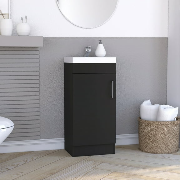 Black Bathroom Vanity Sink With Quality Metal Handle And Elegant Single Door Storage Cabinet Compact