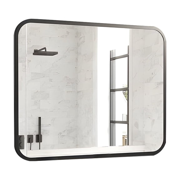 Black Bathroom Wall Mirror For Over Sink 40" 32" Rectangle Vanity Mirror With Round Corner For Bedroom Seamless Anti-Rust Polymer Coated Shatterproof Glass (Horizontally/Vertically)