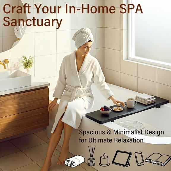 Black Bathtub Tray 31"W x 9"D x 2"H Spa Bathroom Organizer