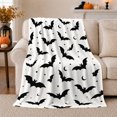 thumbnail image 1 of Black Bats with Crescent Moons on White, Spooky Graphic Style for Halloween Lovers, Night Bat Pattern and Halloween Gift, Cozy Flannel Blanket for Family Room and Playroom, Home Decor, 1 of 8
