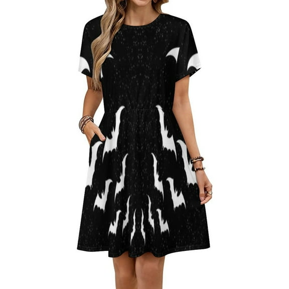 Black Bats Dress Fashion Beach Short Sleeve Dresses Female Party Printed Sundress