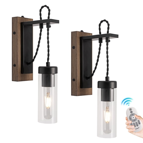 Black Battery Operated Wall Sconce Set of 2, USB Rechargeable Wall Light with Glass Shade,Cordless Wall Lamp with Remote Control Dimmable and Height Adjustable for Bedroom, Living Room, Hallway.