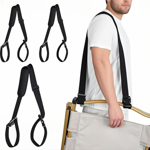 Black Beach Chair Backpack Straps 3 Pack - Heavy Duty Rocking Camping Chair Carrier, Adjustable Hands-Free Shoulder Straps for Folding Chairs