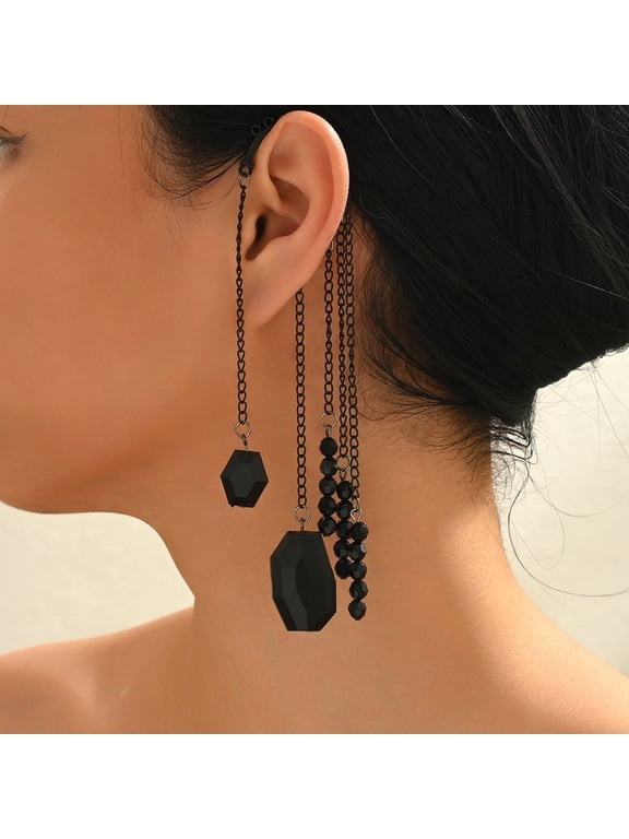 Black Bead Rhinestone Ear Cuffs for Women Cartilage Ear Wrap Long Crystal Tassel Non-Pierced Cuff Earrings for Prom Wedding Evening Party
