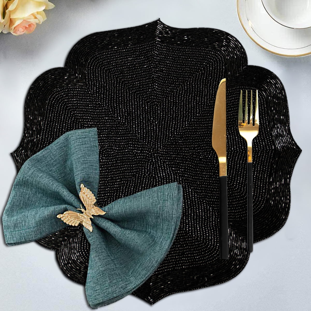 Black Beaded Placemats Pack of 1 for Dining Coffee Table Scratch Heat