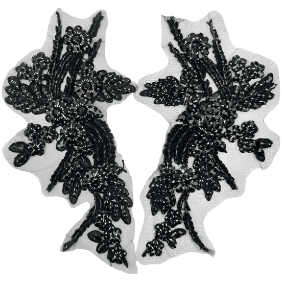 Black Beaded Sequin Appliques, 1 Pair Sparkly Rhinestone Patches, 12.6 x 10.6 in Three Dimensional Lace Embroidery for DIY Brooches, Wedding Gowns, Prom Dresses Decoration