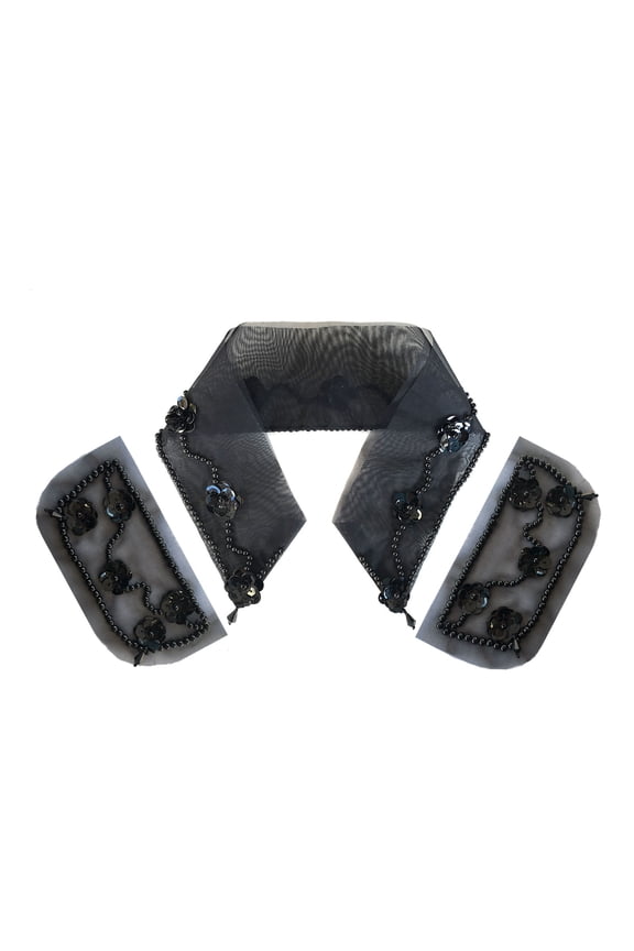 Black Beaded Sequins Pocket Collar Accessory for Blouse Blazer DIY Sewing