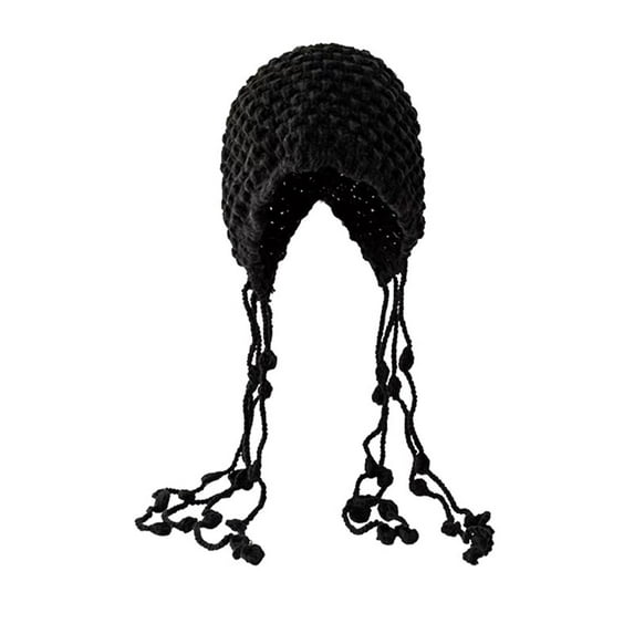 Black Beanie for Women, Women's Handmade Crochet Beanie Tassel Earflaps Knit Hat with Pom Pom, Falls Winter Outdoor Skull Cap Gifts for Her