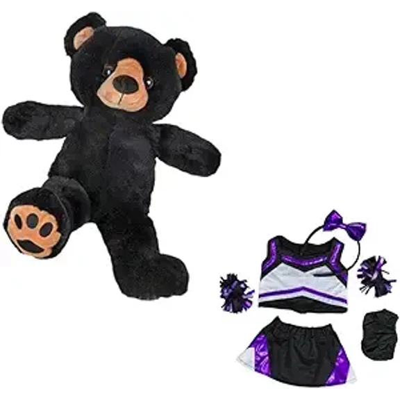 Black Bear 16-Inch Stuffed Animal in Metallic Purple & Black Cheerleader Uniform - Includes Matching Pompoms & Cheer Bow - Cute Plush Gift for Kids & Collectors