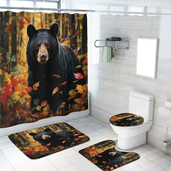 Black Bear 4 Pcs Shower Curtain Set Rustic Autumn Fall Forest Tree Maple Leaf Wildlife Hunting with 12 Hooks, Bath Mat Set Bathroom Decor by Durable Waterproof Fabric, 72x72 Inch