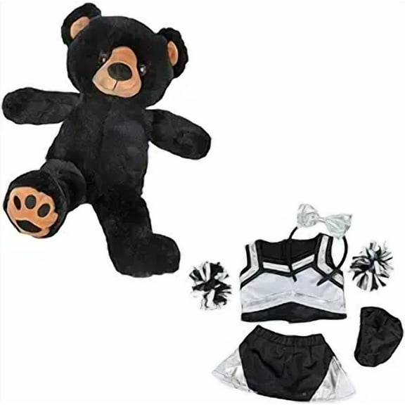 Black Bear 8-Inch Stuffed Toy in Metallic Silver & Black Cheerleader Uniform - Cute Cheerleading Outfit Gift for Kids!