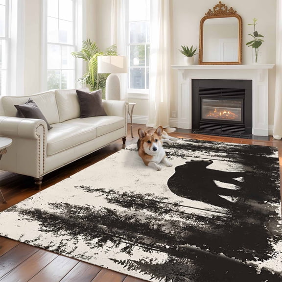 Black Bear Area Rug 5x8 FT, Non Slip Bedroom Throw Carpet, Vintage Forest Cabin Animals Silhouette Washable Soft Floor Carpet Non-Shedding Rug for Living Room Nursery Dorm Office