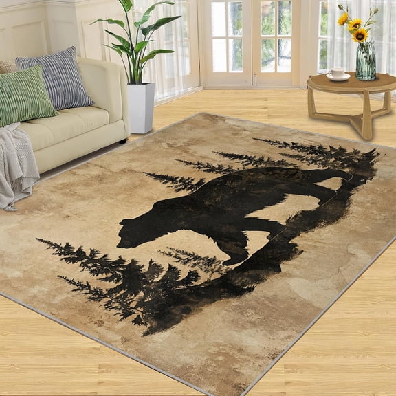 Black Bear Area Rug, Rustic Cabin Woodland Washable Rug, Soft Non Slip Low Pile Carpet for Living Room Bedroom Home Decor 2x3ft