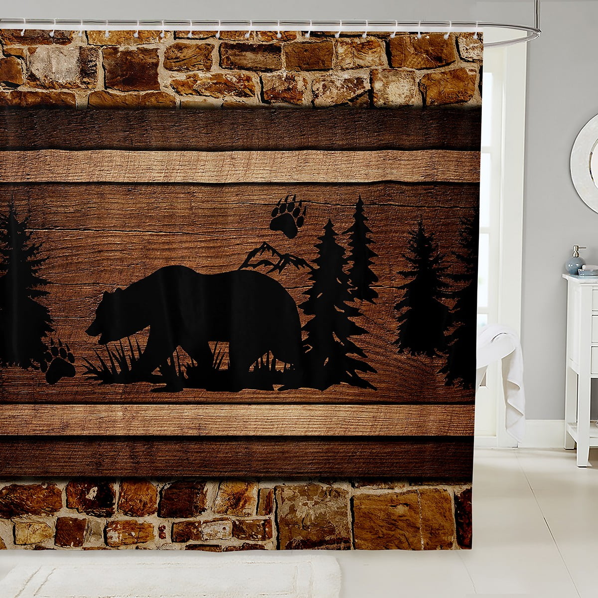 Black Bear Bath Curtain Vintage Brown Wood Board Animal Paw Print Pine