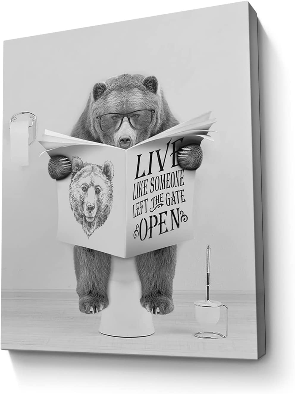 Black Bear Bathroom Decor Wall Art Bear Sitting in Toilet Reading