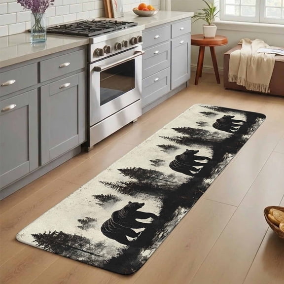Black Bear Bathroom Runner Rug Kitchen Rugs, Non Slip Welcome Front Door Mat, Farmhouse Forest Vintage Absorbent Washable Low Profile Bath Mat for Shower Tub Entryway 15.7x47.2 Inches