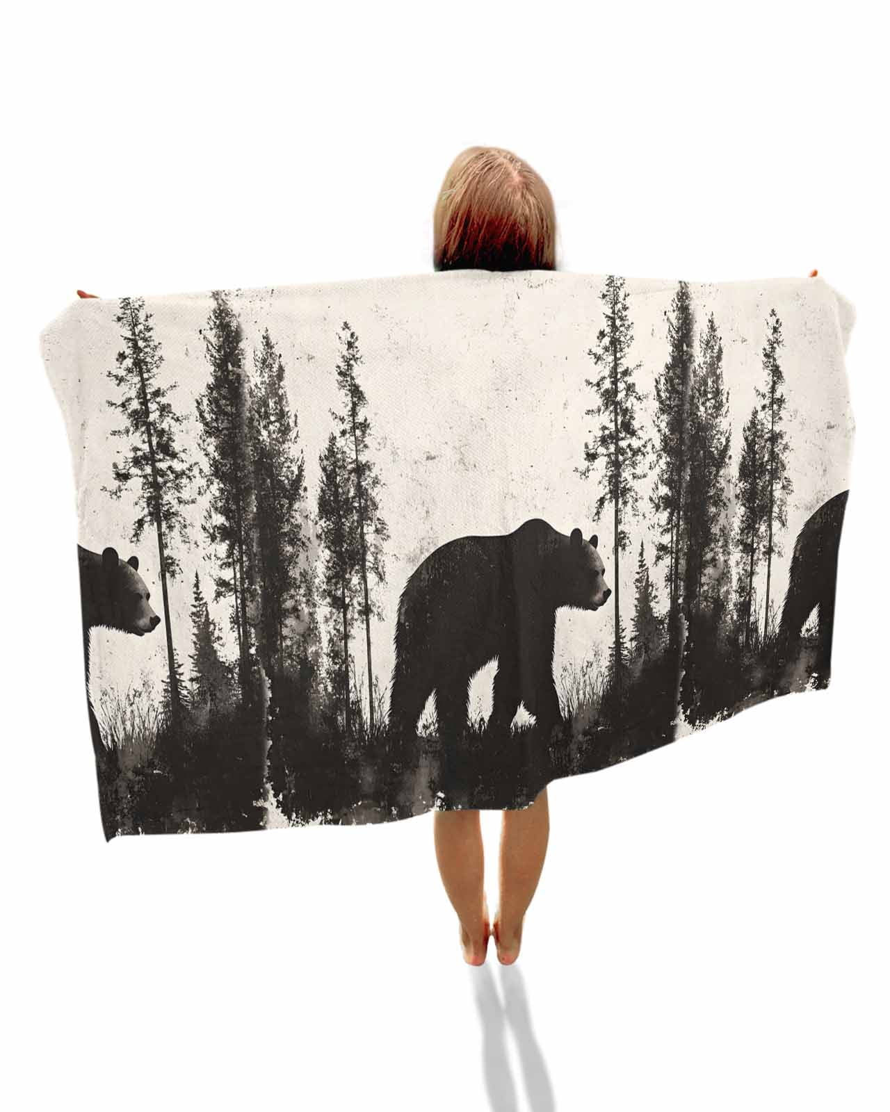 Black Bear Beach Towels Oversized Super Absorbent, Vintage Forest Cabin Animals Silhouette Lightweight Bath Towel Quick Dry Sets For Bathroom/Pool/Rv Camping/Beach Play/Gym Room/Picnic 30"x60"