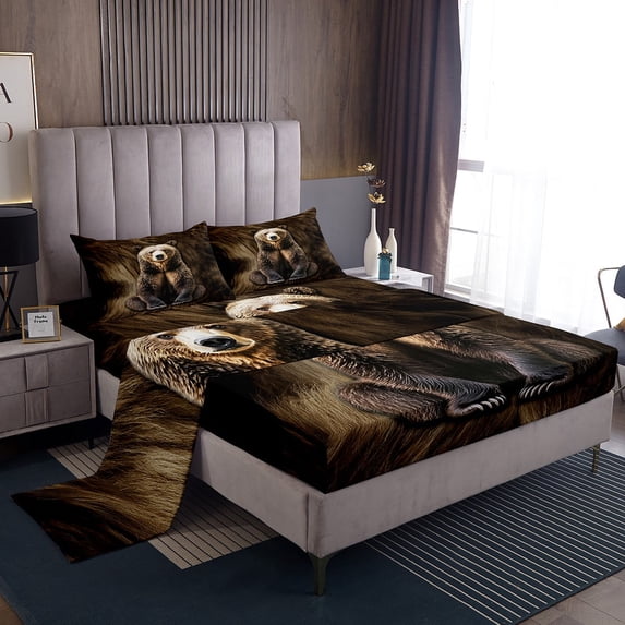 Black Bear Bed Sheets Set,3D Bear Print Sheet Set,Jungle Wildlife Sheets King Size,Black Animal Flat Fitted Sheet,Rustic Farmhouse Top Sheet