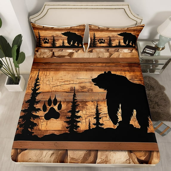 Black Bear Bed Sheets Vintage Brown Wood Board Sheets,Animal Paw Print Pine Trees Fitted Sheet Twin Woodland Wildlife Patchwork Bedding Set,Lodge Cabin Farmhouse Rustic Home Decor