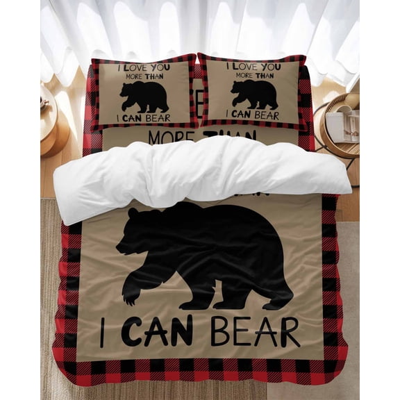 Black Bear Bedding Duvet Cover Set Full Size 4 Pieces I Love You Red Black Plaid Winter Christmas Bedding Set with Zipper Closure, 1 Comforter Cover 86x86 Inches 1 Flat Sheet & 2 Pillow Cases