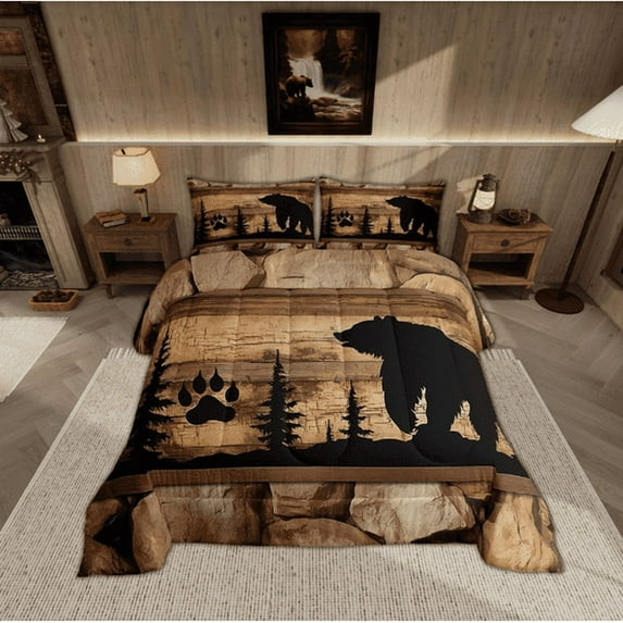 Black Bear Bedding Set Queen Brown Wooden Plank Comforter Set,Animal Paw Print Pine Trees Quilt Woodland Wildlife Retro Patchwork Duvet Insert,Lodge Cabin Farmhouse Rustic Home Decor