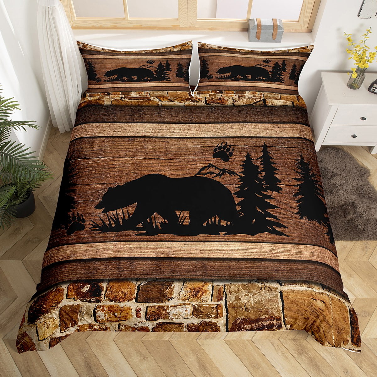 Black Bear Bedding Set Vintage Brown Wood Board Comforter Cover,Animal