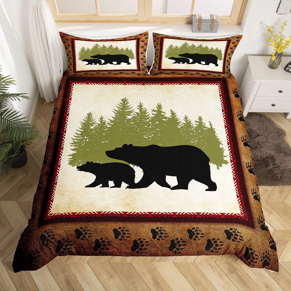 Black Bear Bedding Set Vintage Brown Wood Board Comforter Cover,Animal