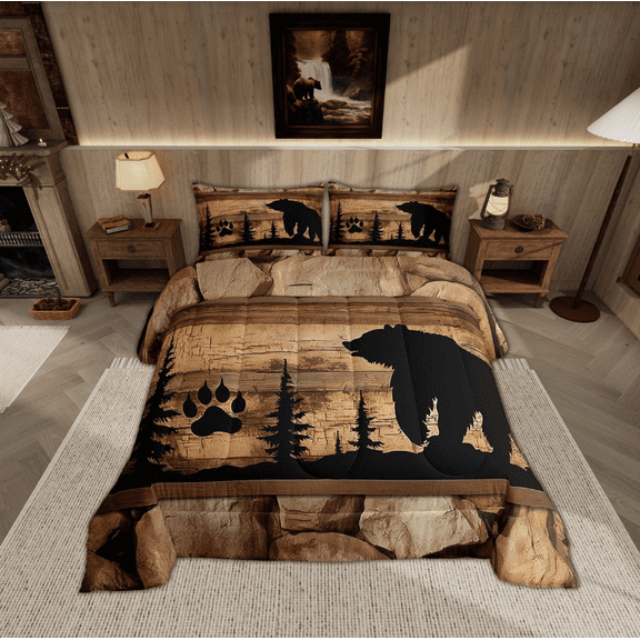 Black Bear Bedding Set Vintage Brown Wood Board Quilt,Animal Paw Print Pine Trees Comforter Set Queen Woodland Wildlife Patchwork Duvet Insert,Lodge Cabin Farmhouse Rustic Home Decor