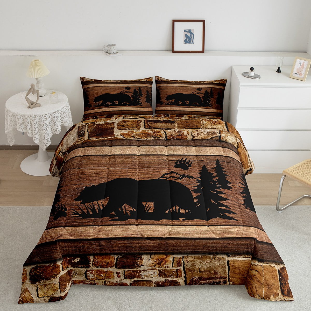 Black Bear Bedding Set Vintage Brown Wood Board Quilt,Animal Paw Print