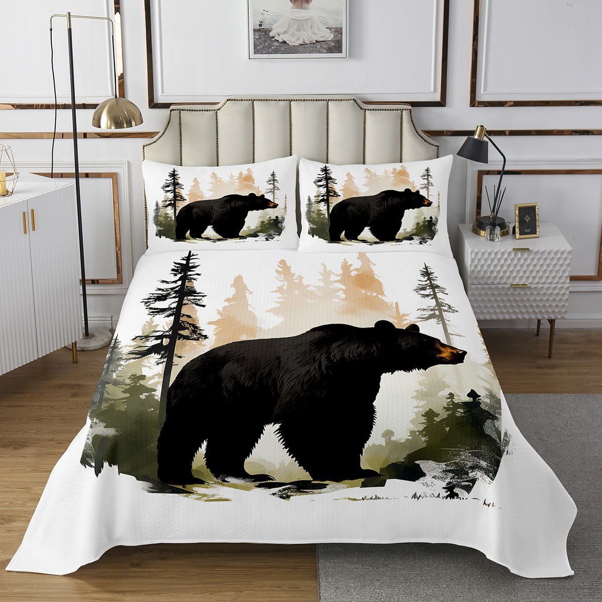 Black Bear Bedding Set Wild Woodland Animal Quilt Set Bear Hunting