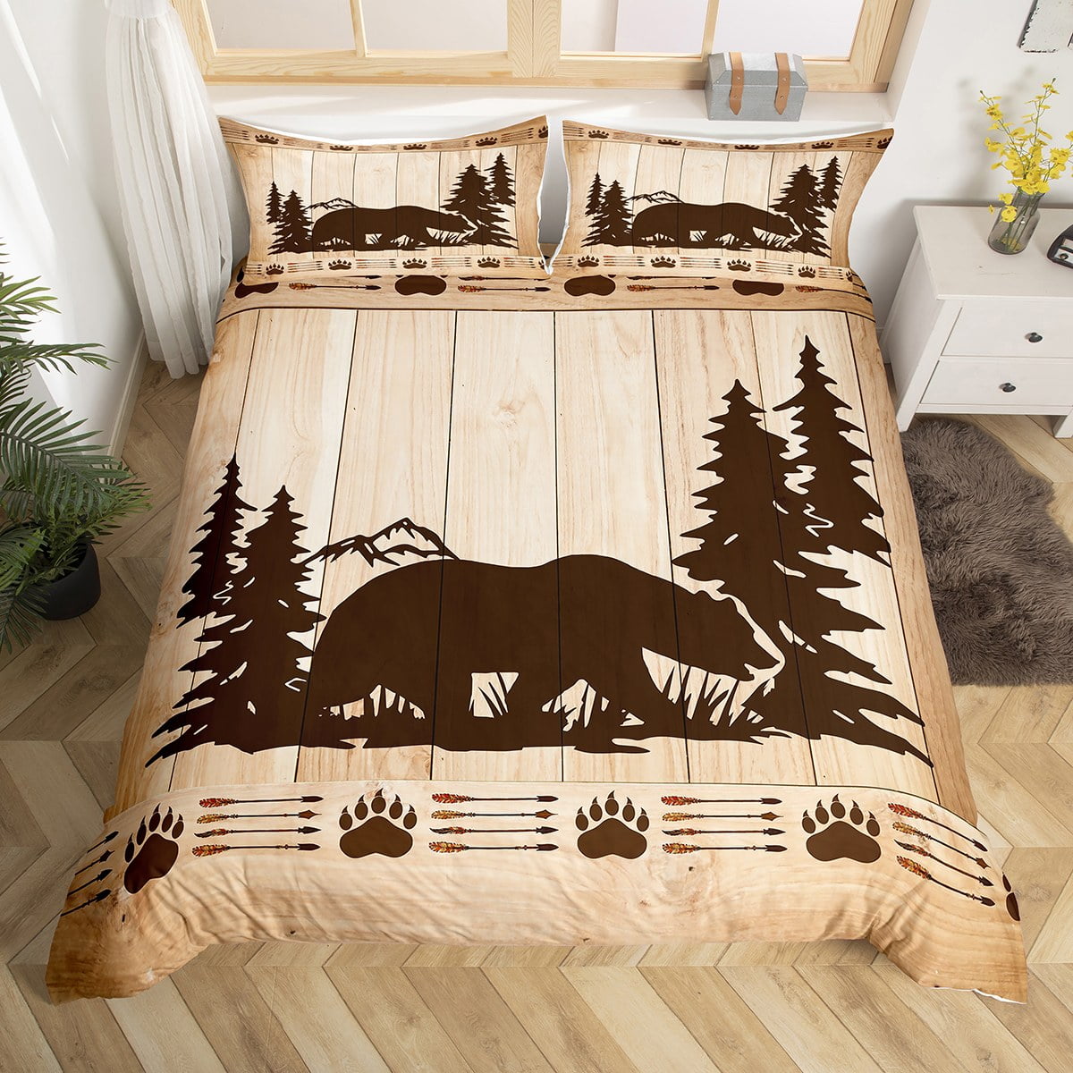Black Bear Bedding Set Woodland Animal Hunting Comforter Cover,Ethnic