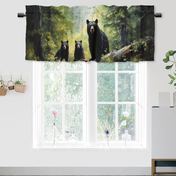Black Bear Blackout Curtain Valances Green forest Black Bear Family Rod Pocket Valances for Kitchen, Bathroom, Living Room 54x18inch(1Pcs)