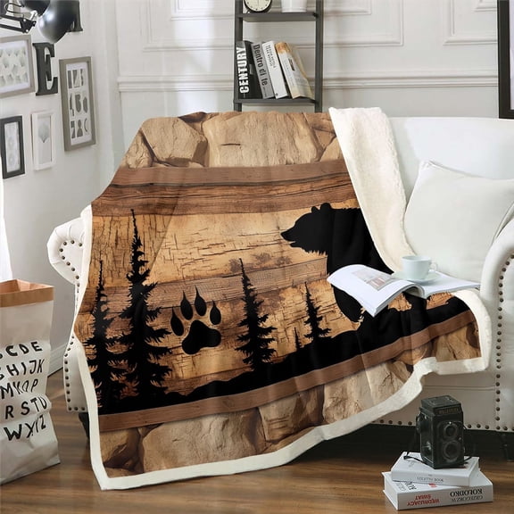 Black Bear Blanket 40"x50" Brown Wooden Plank Throw Blanket,Animal Paw Print Pine Trees Fleece Blanket Woodland Wildlife Retro Patchwork Blanket,Lodge Cabin Farmhouse Rustic Home Decor
