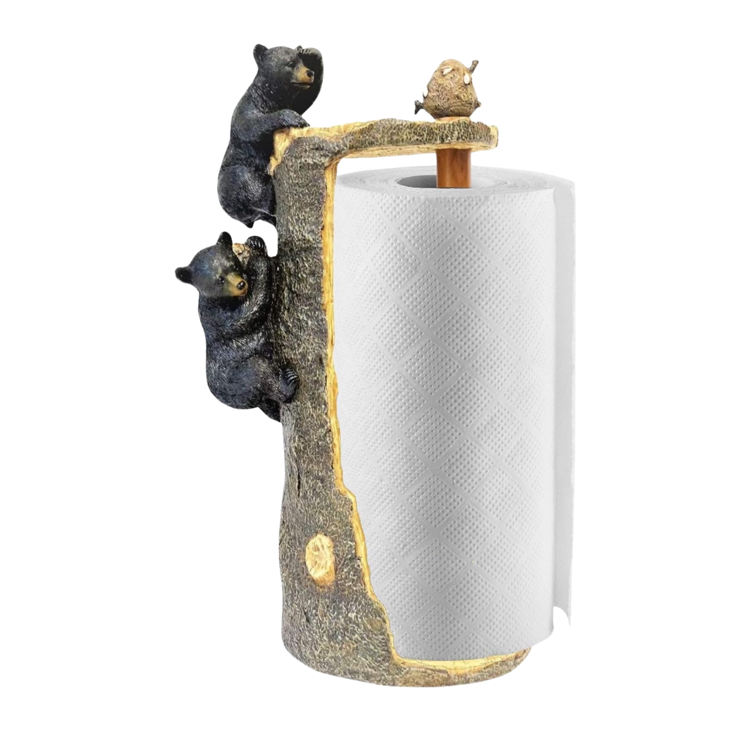 Black Bear Climbing Tree Paper Towel Holder Stand Dispenser, Rustic Woodland Home Kitchen Countertop Decor - Wildlife Themed Paper Towel Holder for Cabin, Lodge, and Rustic Kitchens