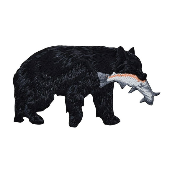 Black Bear Catching Fish Iron on Embroidered Patch