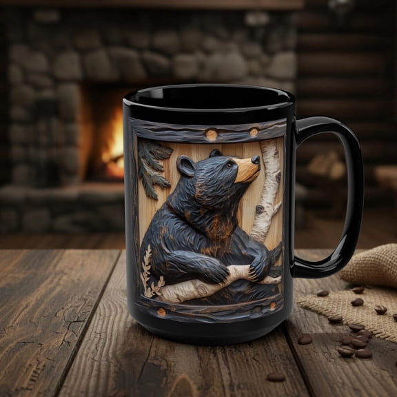 Black Bear Coffee Cup, Rustic Wood Effect Bear Lover Mug, Woodland Up North Forest Woods Animal Gift, Cabin Decor, Nature Wildlife Art Gift