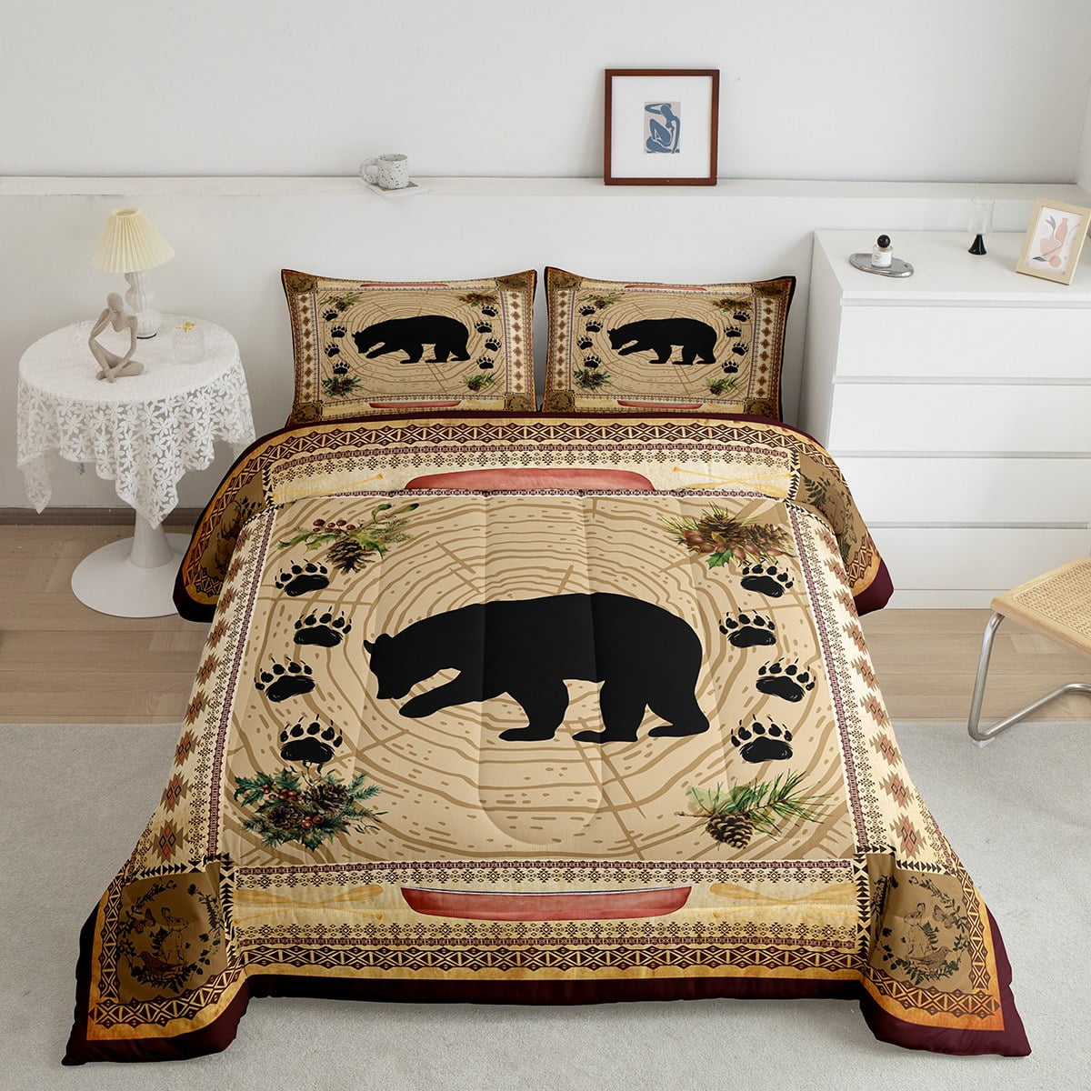 Black Bear Comforter Set Twin Rustic Cabin Decor Bedding Tribal Bear