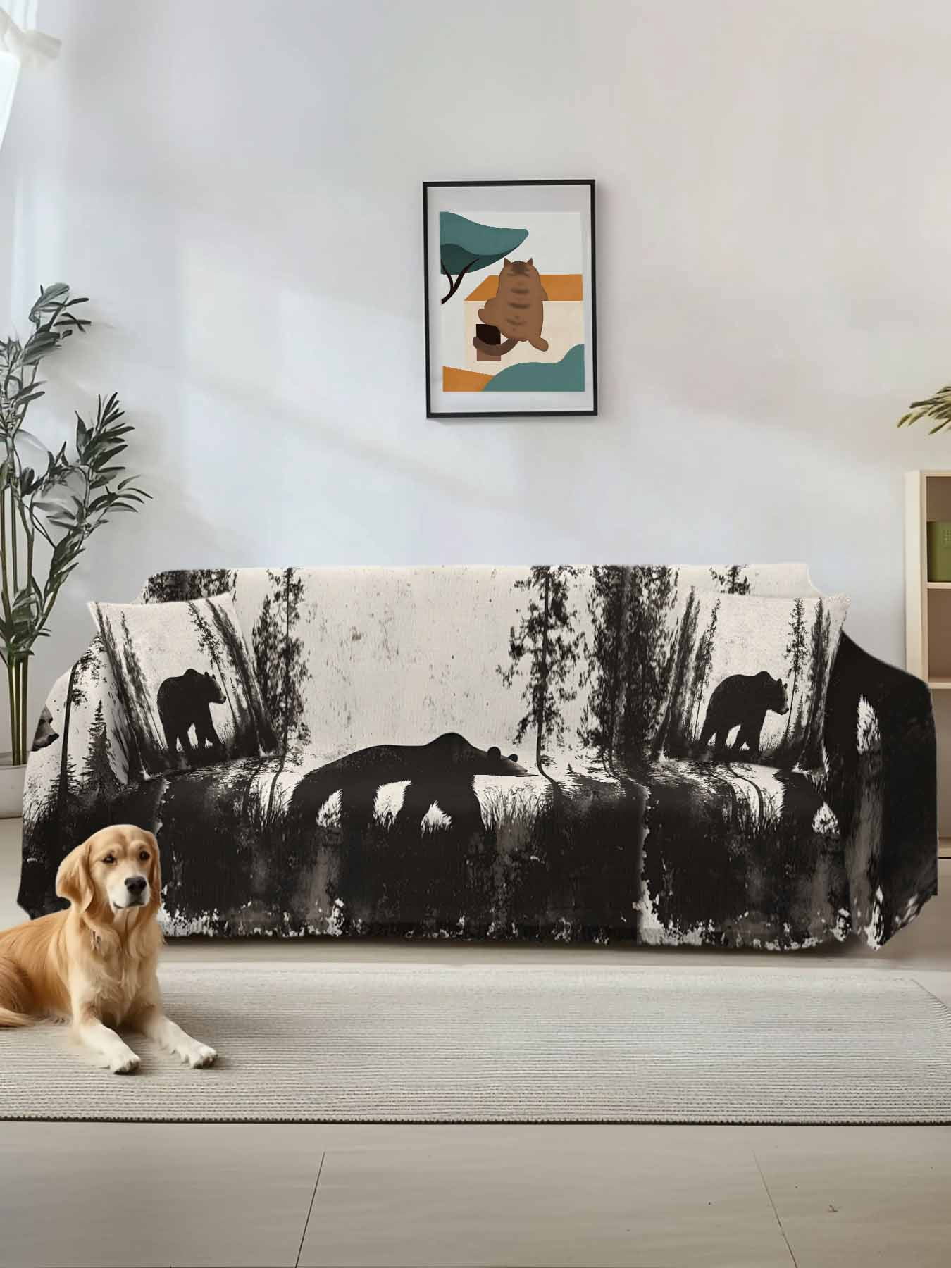 Black Bear Couch Cover, Vintage Forest Cabin Animals Silhouette Oversized Sofa Cover Blanket for 3 Cushion Couch, Sectional Sofa Slipcover Furniture Protector for Living Room Bedroom 71''x150''