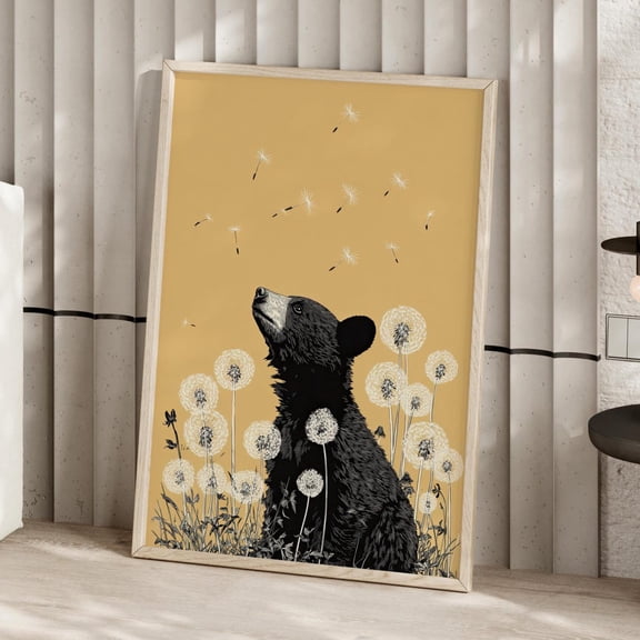 Black Bear Cub Dandelion Wall Art, Neutral Wildflower Decor, Unframed Paper Print Size 12x18