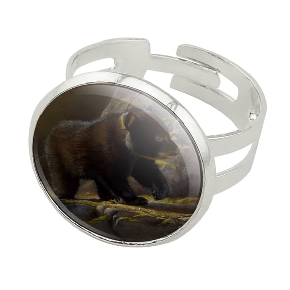 Black Bear Cub in the Morning Silver Plated Adjustable Novelty Ring
