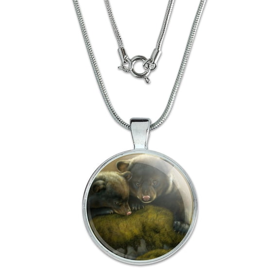 Black Bear Cubs Mossy Rocks 1" Pendant with Sterling Silver Plated Chain