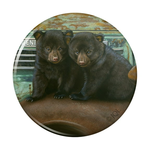 Black Bear Cubs on Vintage Car Kitchen Refrigerator Locker Button Magnet
