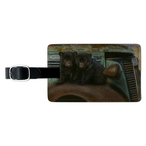 Black Bear Cubs on Vintage Car Rectangle Leather Luggage Card Suitcase Carry-On ID Tag