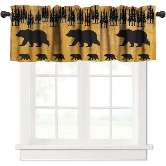 Black Bear Curtain Valance,Rustic Farm Cute Bear Forest Silhouettes Blackout Window Valances,Vintage Cabin Short Topper Curtain for Home Living Room Cafe Kitchen Bedroom,54x18in