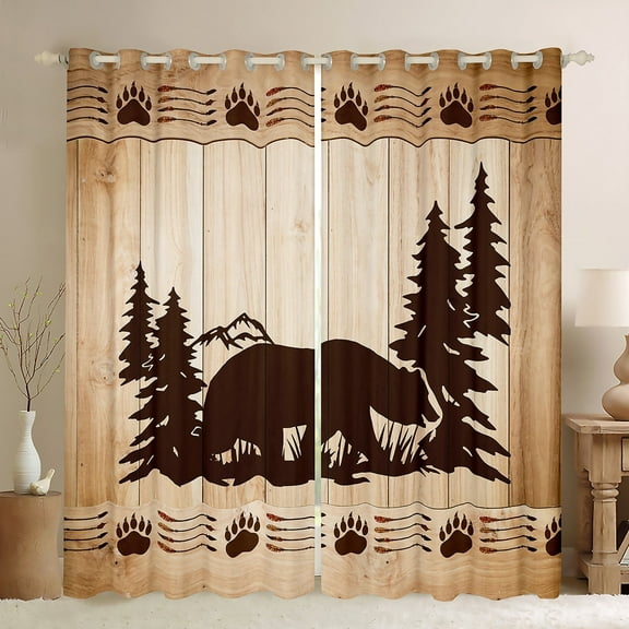 Black Bear Curtains & Drapes Woodland Animal Hunting Curtains,Tribal Arrow Paw Print 30%-50% Blackout Curtains Wooden Cottage Pine Trees Rustic Country Western Room Decor