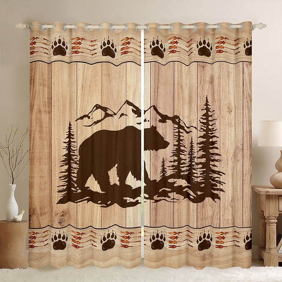 Black Bear Curtains & Drapes Woodland Animal Hunting Curtains,Tribal Arrow Paw Print 30%-50% Blackout Curtains Wooden Cottage Pine Trees Rustic Country Western Room Decor