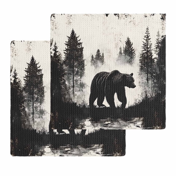 Black Bear Dish Towels Set, Waffle Weave Kitchen Towels 2 Pieces, Farmhouse Forest Animals Vintage Microfiber Hair Face Bath Tea Towel Absorbent Quick Drying Cleaning Dish Cloths 12"x12"