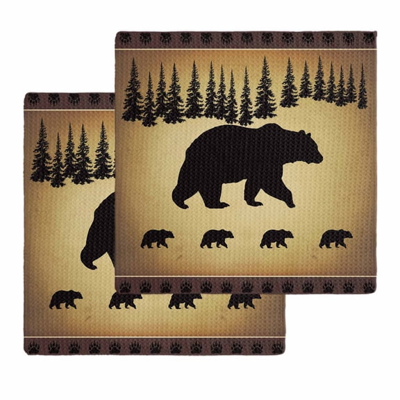 Black Bear Dish Towels Set, Waffle Weave Kitchen Towels 2 Pieces, Vintage Animals Farmhouse Pine Brown Forest Microfiber Hair Face Bath Tea Towel Absorbent Quick Drying Cleaning Dish Cloths 12"x12"